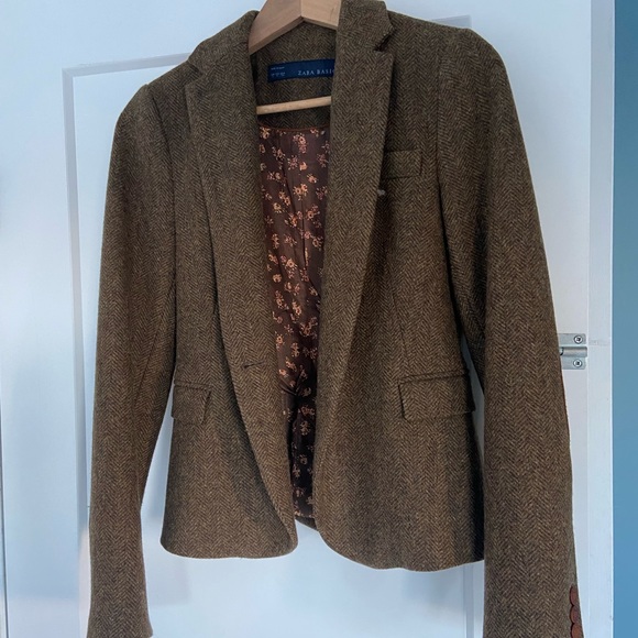 ZARA Green Brown 100% Woo Blazer Blazer with Elbow Patches - Picture 1 of 3